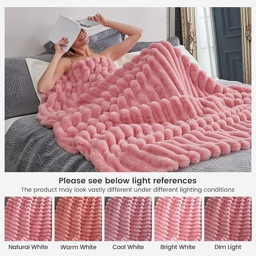 Cozy Bliss Faux Fur Throw Blanket for Couch, Cozy Warm Plush Striped Blanket for Sofa Bedroom Living Room, 50 * 60 Inches Hot Pink thumbnail 7