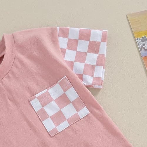 Sejardin Toddler Baby Girl Clothes Summer Outfit Plaid Patchwork Short Sleeve T Shirt Tops and Stretch Casual Shorts Set thumbnail 5