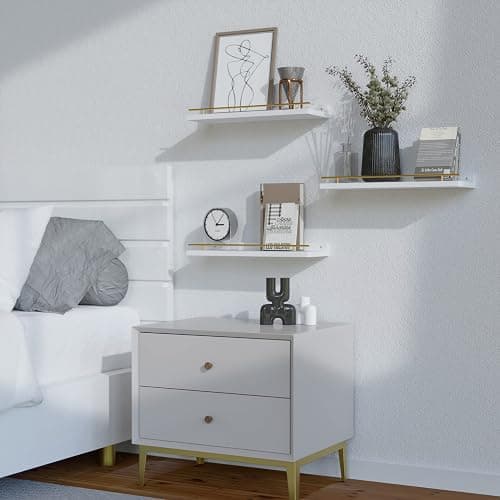 WOPITUES Floating Shelves with Gold Metal Guardrail, Shelves for Wall Decor Set of 3, Wall Shelves for Bedroom, Bathroom, Kitchen, Living Room, Plants, Picture Frames, Art- White and Gold thumbnail 8