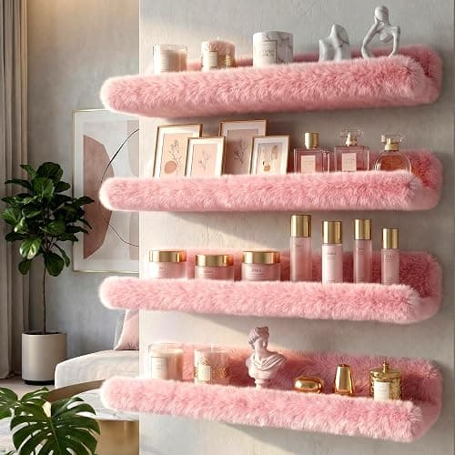 Care&More YJ 15 Inch Nail Polish Shelves, 4-Pack Fuzzy Display Nail Polish Rack for Storing Nail Bottles, Sunglasses, Essential Oils, Plush Soft Pink thumbnail 2