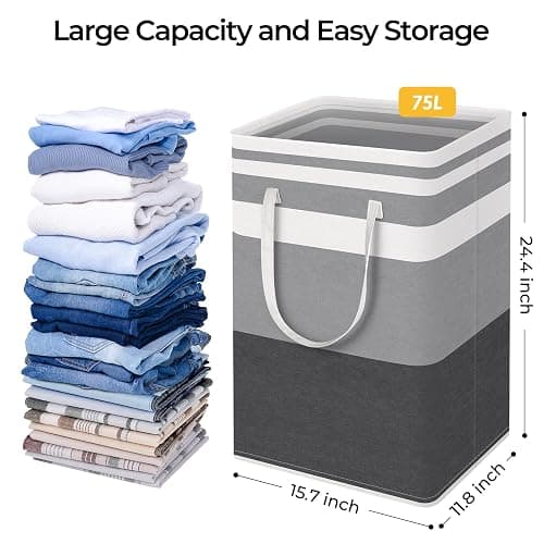HomeHacks 2 Pack Large Laundry Baskets, Waterproof, Freestanding Laundry Hampers, Collapsible Clothes Hamper with Reinforced Handles in Laundry Room, College Dorm, Bathroom, Bedroom (Grey, 75Lx2) thumbnail 3