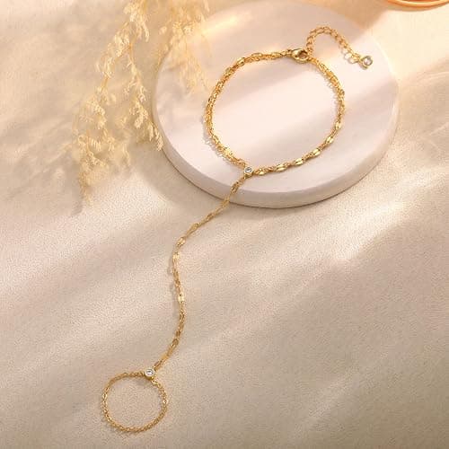 CHESKY 14k Gold Plated Hand Chain Bracelet for Women Trendy, Dainty Ring Bracelets Hand Chain Finger Nail Bracelet Simple Gold Hand Jewelry for Women Gifts thumbnail 5