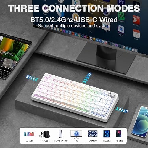 AULA F75 Pro Wireless Mechanical Keyboard with Knob,75% Hot Swappable Custom Gaming Keyboards,RGB Backlit,Pre-lubed Switches,Side Printed PBT Keycaps Creamy Sounding Computer Keyboard, Line White thumbnail 3