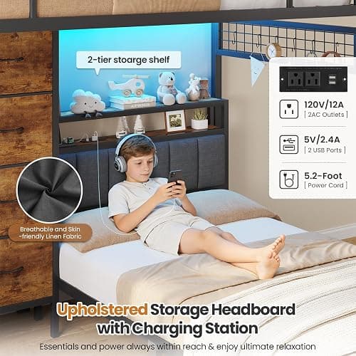 DICTAC Twin Over Twin Bunk Bed with 8 Storage Drawers and Led Lights Metal Bunk Beds with Storage Headboard and Charging Station,L-Shaped bunk Bed for Kids/Teen with Safety Guardrail and Ladder,Black thumbnail 9