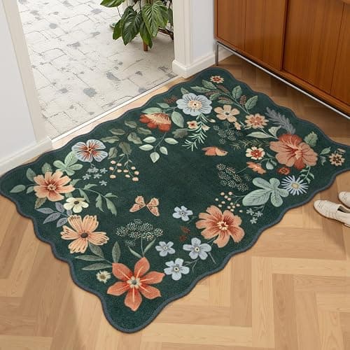 Lahome Floral Green Rugs for Entryway, 2X3 Washable Kitchen Rugs Non Slip Soft Rug, Ultra-Thin Indoor Door Mat Boho Small Throw Carpet for Bathroom Bedroom Flore (2x3ft, Dark Green) - Image 1