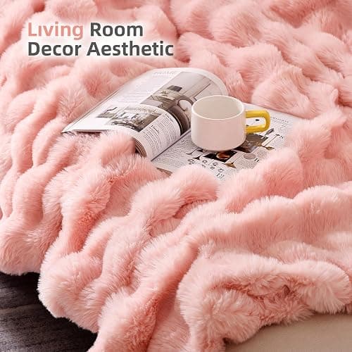 Smoofy Faux Fur Blanket Rabbit Fleece - Blush Pink Fluffy Blanket for Sofa, Cozy Soft Plush Throw Blanket for Couch Bed, Luxury Thick Fuzzy Couch Blanket for Winter, Comfy Bubble Blanket - 50" x 60" - Pink - Throw(50" x 60") thumbnail 6