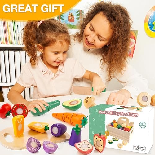 Wooden Play Food Set for Kids Kitchen | Cutting Veggies & Fruits Toy Food Set with Storage Case & Bag, Play Kitchen Accessories, Pretend Play Food for Toddlers 3+ thumbnail 2