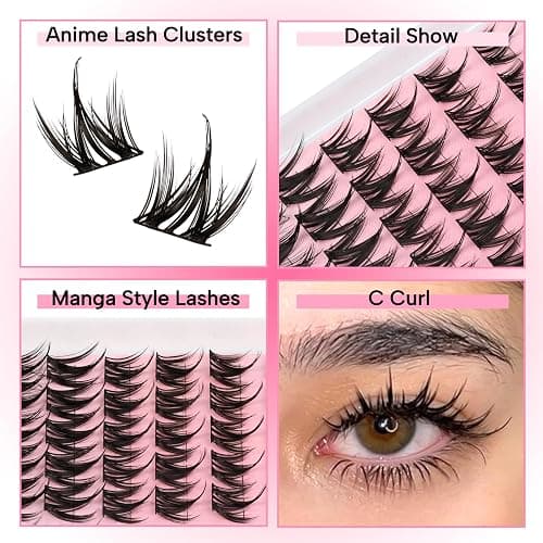 Fyonas Lash Clusters Manga Eyelash Clusters Spiky Cluster Eyelash Extensions 80Pcs C Curl Individual Lashes Volume Anime Lash Clusters with Thin Band Cosplay Lashes DIY at Home (Cutey) thumbnail 2