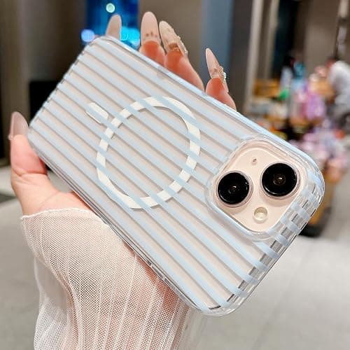 HYUEKOKO Clear Striped Phone Case for iPhone 13 & iPhone 14 & iPhone 15, Fashion Retro Stripe Pattern Aesthetic Cover, Soft TPU Slim Shockproof Case for Girls Women, Clear-Blue thumbnail 3