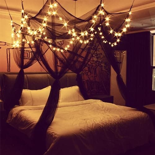 Comtelek 8 Corner Bed Canopy with 100 LED Star String Lights Battery Operated, Bed Netting Unique Style 4 Door Square Canopy Bed Curtains Canopy - Suggested for Twin Full Queen King Bed - Image 1