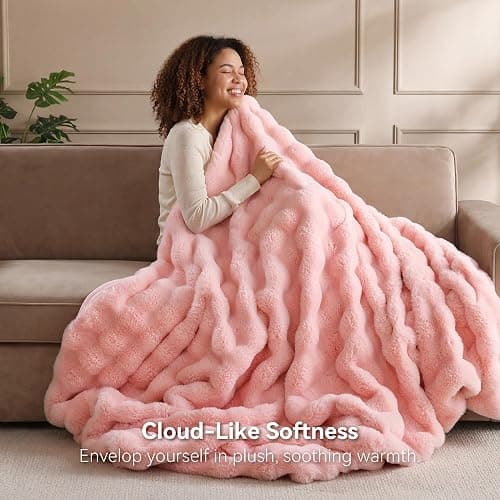 Smoofy Faux Rabbit Fur Throw for Couch - Blush Pink Bubble Blanket 50"x60" | Fluffy Plush Fuzzy Throw for Sofa & Bed, Super Soft Cozy Comfort Blanket, Luxury Aesthetic Pink Decor Gift for Women thumbnail 2