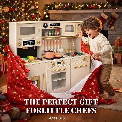 Play Kitchen for Kids, Wooden Pretend Toy Kitchen Set with Appliances & Smart Storage, Kids Kitchen Playset with 49 Toy Food & Cookware Accessories for Toddlers, Stove, Play Sink, Gift for Ages 3+ thumbnail 7