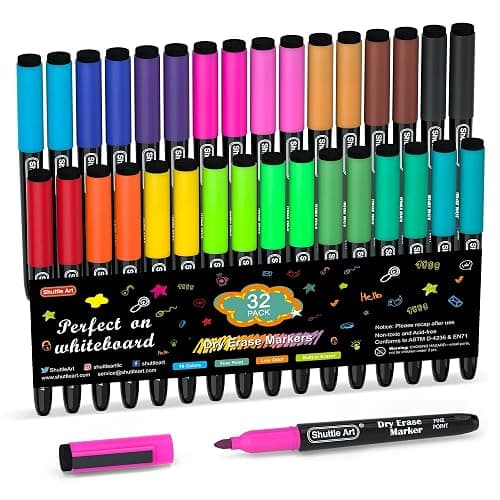 Shuttle Art Dry Erase Markers, 32 Pack 16 Colors Magnetic Whiteboard Markers with Erase, Fine Point Dry Erase Markers Perfect For Writing on Whiteboards,Mirrors for School Office Home - Image 1