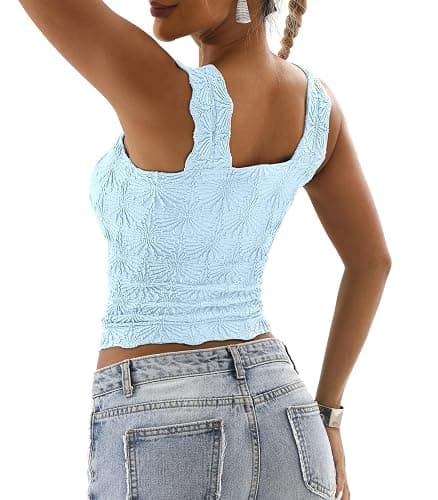 DouBCQ Women Cute Crop Tank Top Square Neck Wide Strap Vest Slim Fit Floral Lettuce Trim Cropped Cami Tops thumbnail 3