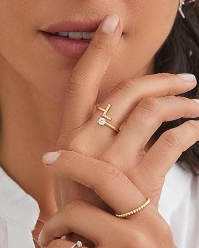 Gold Silver Initial Rings for Women Non Tarnish Dainty 14k Gold Plated Stackable Rings for Women Trendy Adjustable Capital Letter Cubic Zirconia Thumb Pinky Ring Unique Cute Open Birthday Gift Jewelry thumbnail 3