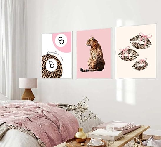 YUFXSTZV 3Pcs Pink Cheetah Wall Art Leopard Bow Print Painting Fashion Lucky 8 Ball Poster Leopard Lips Canvas Wall Decor Funky Preppy Room Aesthetic Picture for Girls Room Dorm Apartment Unframed thumbnail 5