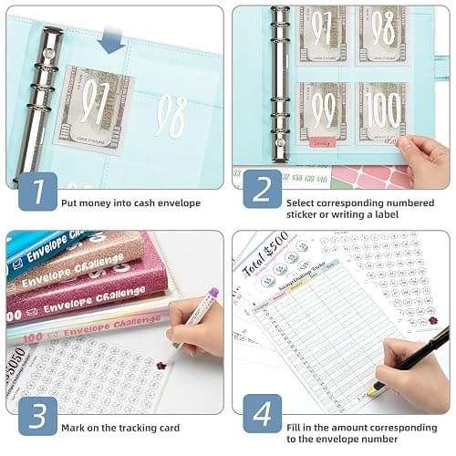 Ospelelf 100 Envelopes Money Saving Challenge Budget Book, 52 Week Budget Binder with Cash Envelopes to Save $10,000, Glitter Teal thumbnail 6