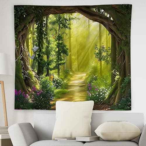 WNAGT Green Enchanted Forest Tapestry Wall Hanging, Cottage Core Decor, Magical Fantasy Sunray Woods Butterfly Botanical Wall Blanket Decor for Home Bedroom Living Room Office, 50x60 Inch thumbnail 2