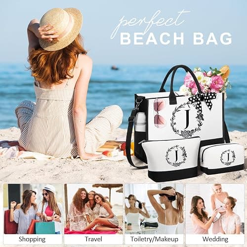 Personalized Christmas Gifts for Women, Initial Canvas Tote Bag & Makeup Bag Monogrammed Beach Tote Bags for Women w/Zipper, Birthday Gifts for Mom Her Sister Friend Girlfriend Wife Daughter Teacher thumbnail 5