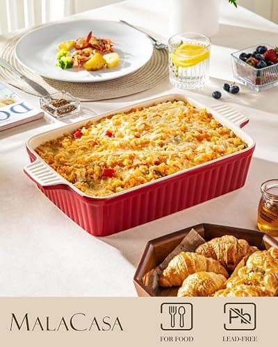 MALACASA 4.4 QT Baking Dish, 9x13 Large Casserole Dish for Oven, Ceramic Baking Pan, Rectangular Lasagna Pan Deep with Handles for Baking, Durable Microwave Oven Safe, Red, Series BAKE-BAKE thumbnail 2