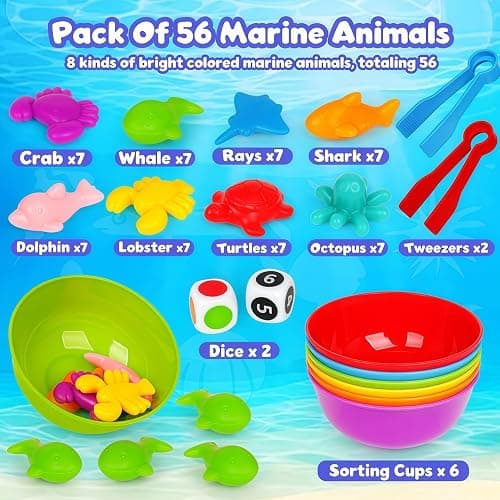Sorting Colors Sea Animals Counting Toys with Matching Sorting Cups and Game Dices, Color Classification and Sensory Training Preschool Educational Learning Toys for Toddlers Kids Girls Boys Ages 3+ thumbnail 2