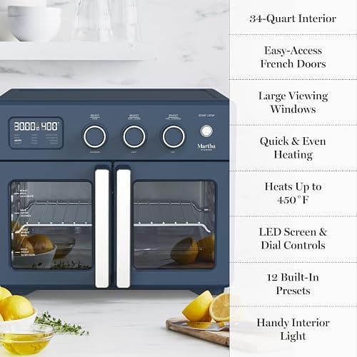 Martha Stewart French Door Air Fryer Toaster Oven Combo, 34QT Countertop Convection, 12-in-1, Bake, Broil, Roast, Fits 12” Pizza, Dehydrate, 5 Accessories, Air Fry Basket, Stainless Steel, Indigo Blue thumbnail 10