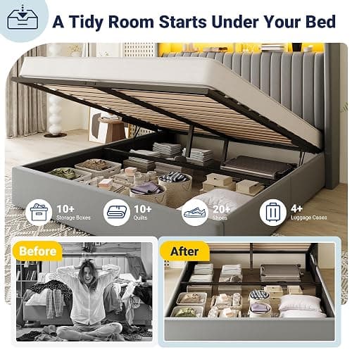 Allewie Full Size Lift Up Hydraulic Storage Bed Frame, 2-Tier Shelf Headboard with LED Lights and Charging Station, USB and Type C Ports, Wingback Velvet Headboard, No Box Spring Needed, Gray thumbnail 3