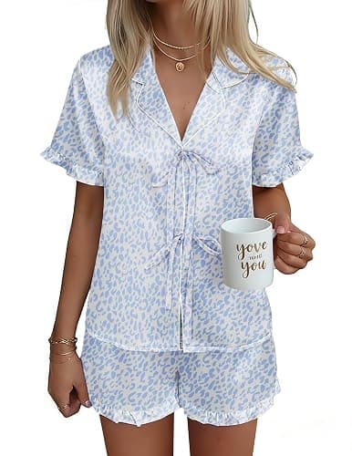 Ekouaer Satin Pajama for Women Short Sleeve Silky Pj Short Sets Lounge Set | Bow Front Tie Up Loungewear Soft Sleepwear Bridal Getting Ready Outfit Top and Shorts for Daliy, Wedding, Party - Image 1
