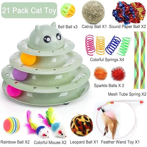 Suhaco 21 Pack Cat Toys for Indoor Cats Interactive Kitten Toy Fun Roller 3 Level Cats Ball Toys with Catnip Ball Self Play Cat Feather Wand Kitty Toy for Boredom (Green) thumbnail 2