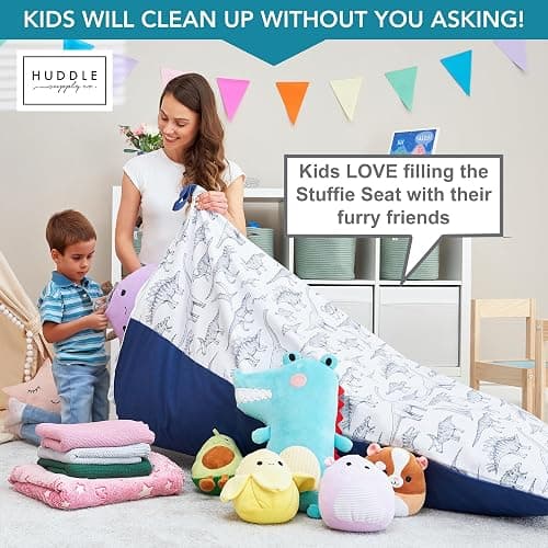 Huddle Original Cover for Stuffed Animal Bean Bag Storage (No Filler) XL Designer Beanbag Chair for Kids & Adults | Instant Clutter Clear for Stylish Moms - 100% Cotton Canvas Chair Blue Dinosaur thumbnail 6