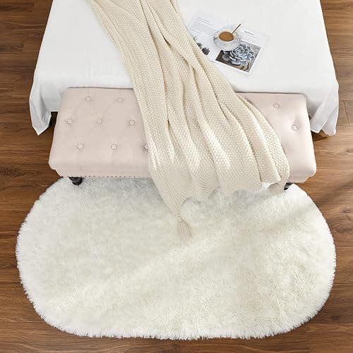 Softlife Fluffy Rugs for Bedroom, Shag Cute Area Rug for Girls/Boys and Kids Baby Room Home Decor, 2.6 x 5.3 Feet Oval Indoor Carpet for Nursery Dorm Living Room, Creamy thumbnail 4