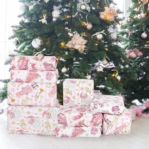 KIMOBER 5 Rolls Christmas Wrapping Paper,Pink Paper with Retro Xmas Elements and Cut Lines on Reverse(17in × 118in Per Roll,Pink Style) thumbnail 3