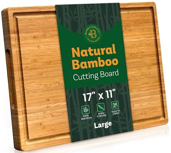Large Bamboo Cutting Board - 17” Wooden Chopping Block for Kitchen, Charcuterie & Cheese Board with Side Handles and Deep Juice Groove by Bambüsi - Image 1