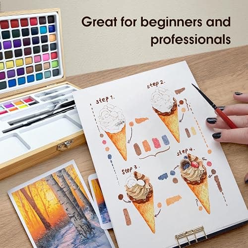 Watercolor Paint Set,100 Colors in Nature Bamboo Box,Portable Water Colors Kit with Papers and Brush Pens,Great for Kids Adults Beginners & Professionals thumbnail 5