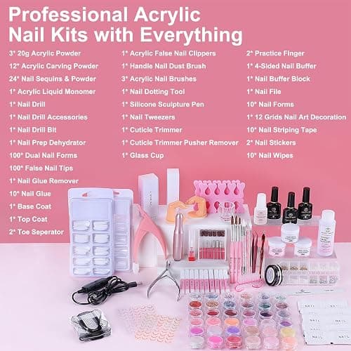 Acrylic Nail Kit with Everything: Beginners Set with Drill - Professional Acrylic Powder Glitter Monomer False Tips Top Base Coat Starter Kit - Full Decorations Nail Supplies for Nail Extensions Gift thumbnail 2