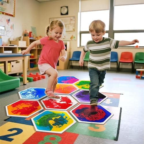 JUEOQOY Sensory Floor Tiles for Kids Ages 3+ – Hexagon Step-On Tiles with Textured Non-Slip Base, Colorful Liquid Motion for Interactive Play in Playroom or Classroom (9 Pack) thumbnail 7