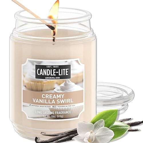 Candle-lite Scented Candles, Creamy Vanilla Swirl Fragrance, One 18 oz. Single-Wick Aromatherapy Candle with 110 Hours of Burn Time, Off-White Color - 18 oz - Creamy Vanilla Swirl (NEW)