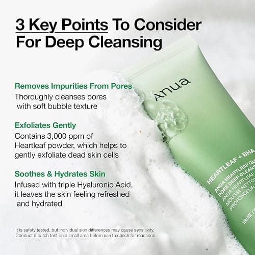 Anua Heartleaf Quercetinol Pore Deep Cleansing Foam, Face wash for Pore Refining Cleanser, Hydrating Daily Facial Cleanser For Double Cleansing, Gentle Foaming with BHA, Korean Skincare, 5.07 fl.oz. thumbnail 3
