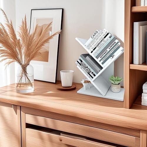 Godferyxin Tree Bookshelf, 3-Tier Wood Small Bookshelf and Mini Book Shelf for Office, Home or School Desk Book Shelf for for Displaying Books, CDs, Magazines Wood Storage Rack-Whit thumbnail 6