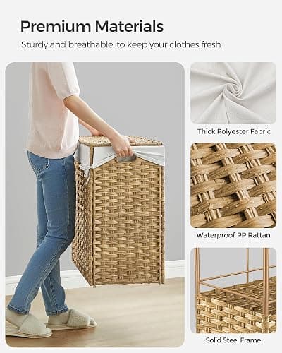 SONGMICS Laundry Hamper with Lid, 37 Gallons (140 L), Rolling Laundry Basket with Wheels, 3-Section Synthetic Rattan, Removable Liner, Bedroom, 26 x 13 x 26 Inches, Natural ULCB363N01 thumbnail 8