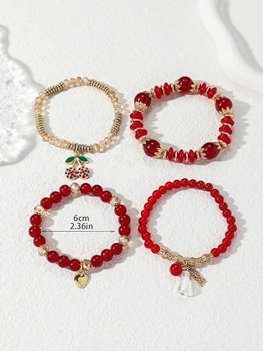 JWIGP 4Pcs Cherry Bracelet Set for Women, Red Beaded Pendant Stretch Layered Gold Plated Crystal Charm Bracelets Jewelry Stackable Boho Christmas Accessories Gift thumbnail 5