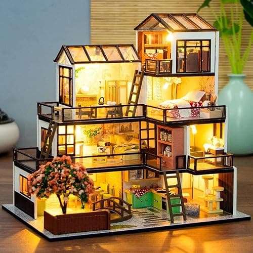 OZJAY DIY Miniature House Kit, Tiny House Kit with Dust Proof Cover & Tools, DIY Wooden Dollhouse Miniature Kit for Adults Teen, Wooden Crafts Lovely Dollhouse Kit - Dream Town thumbnail 2