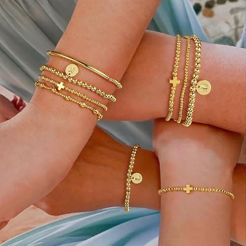 Turandoss Gold Cross Bead Bracelets Sets for Women Girls - Dainty Layered Cross Bracelets for Women Beaded Initial Bracelet Stack Gold Cuff Letter A-Z Bracelet Jewelry Gifts for Girls Her thumbnail 5