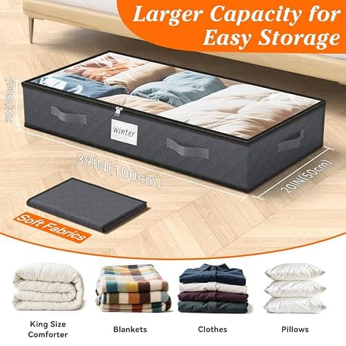 90L Under Bed Storage Containers, Storage Bags, Organizers, 4-Pack, Gray | Foldable, Soft Fabric, Closet Organizers, Reinforced Handle, Label Holder, Clear Window, for Comforters, Clothing, Blankets thumbnail 2