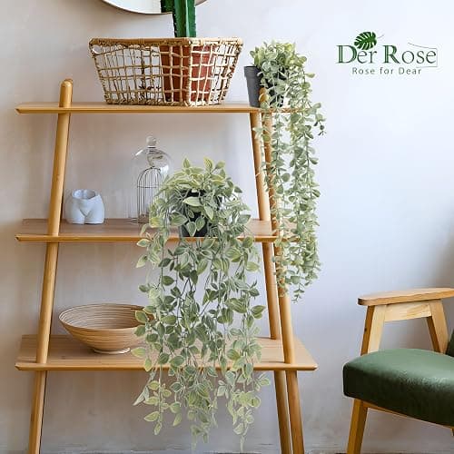Der Rose 2Pcs Fake Plants Hanging Artificial Decor Faux Potted Eucalyptus and Pea Pod Plants for Boho Bathroom Home Office Desk Wall Shelf Bookcase Accessories Decor Indoor thumbnail 3
