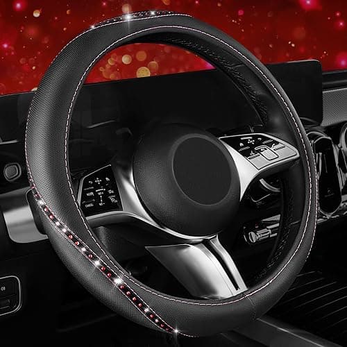 CAR PASS Bling Diamond Leather Steering Wheel Cover, Studded Crystal Rhinestones Universal Fit 14" 1/2-15" Crystal Glitter for Women Sparkle Girl Fit Suvs,Vans,Sedans,Cars,Trucks, Hot Pink Diamond - Hot Pink Diamond thumbnail 8