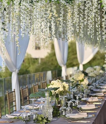 48Pcs Artificial Wisteria Flowers 3.6 Feet/Piece White Dense Artificial Fake Wisteria Vine Ratta Hanging Garland Silk Flowers String Home Party Wedding Decor(White-Dense) thumbnail 2