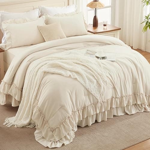 Andency Beige Full Size Comforter Set, 3 Pieces Farmhouse Shabby Chic Ruffle Comforter Set, Soft Lightweight Fluffy All Season Microfiber Bedding Comforter Set for Kids, Girls, Women thumbnail 2