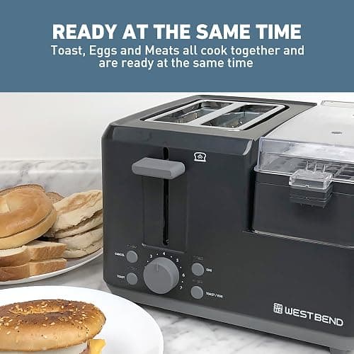 West Bend Breakfast Station 2-Slice Toaster and Egg Cooker/Poacher with Removable Pre-Cooked Meat and Vegetable Warming Tray for Perfect Breakfast Sandwiches, 1200-Watts, Black thumbnail 5
