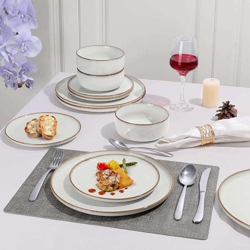 Herogo Plates and Bowls Set for 4, 12 Pieces Stoneware Dinnerware Sets, Double Reactive Glaze, Microwave & Dishwasher Safe, Scratch Resistant, Ivory White thumbnail 8